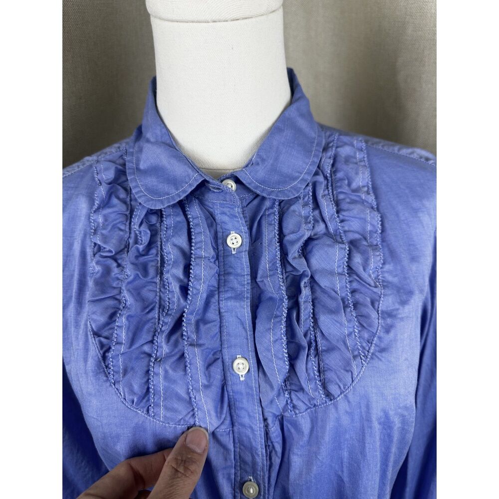 GAP Womens 12 Periwinkle Blue Ruffle Tuxedo Bib Button Down Shirt Cotton